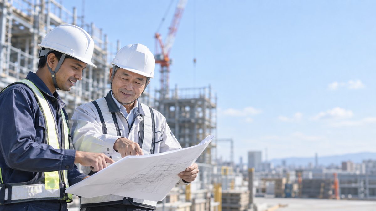 建設現場で図面を確認する外国人作業員と日本人監督