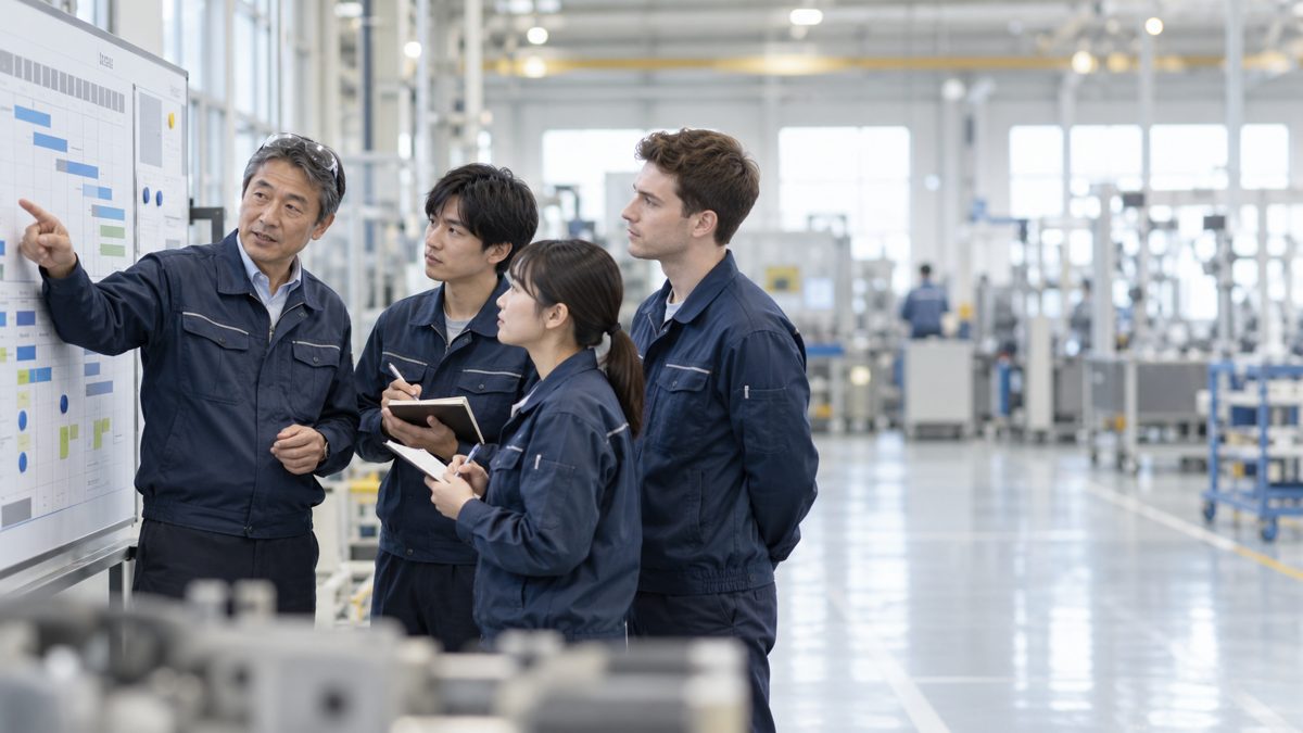 工場で生産計画ボードを前に若手と外国人スタッフに説明する現場リーダー