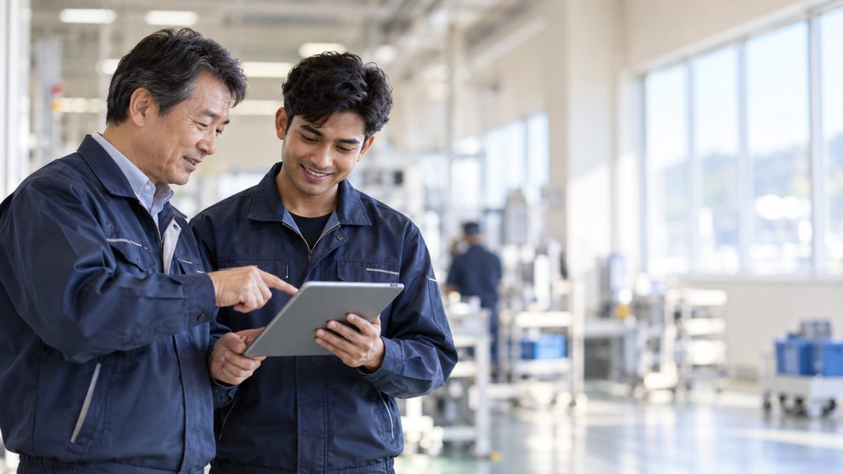 工場でタブレットを見ながら話す日本人上司と外国人スタッフ