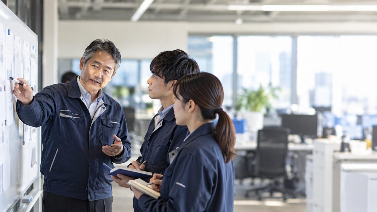 ホワイトボードの前で若手社員に説明するベテラン社員