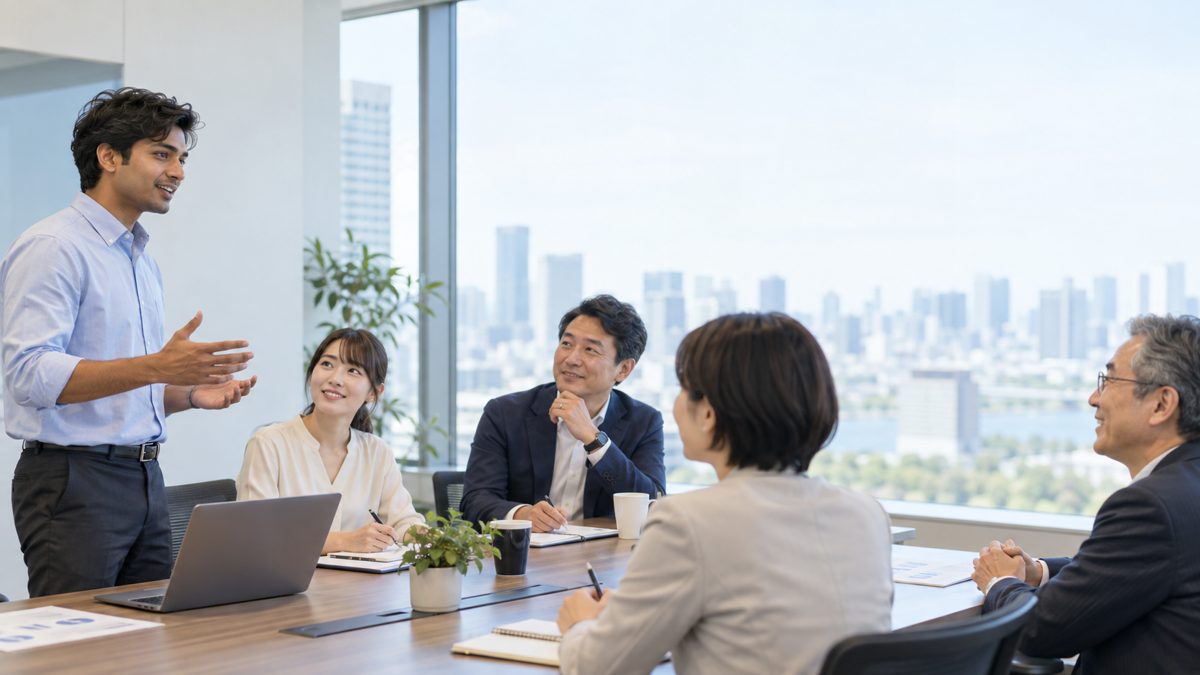 オフィスでプレゼンする外国人社員